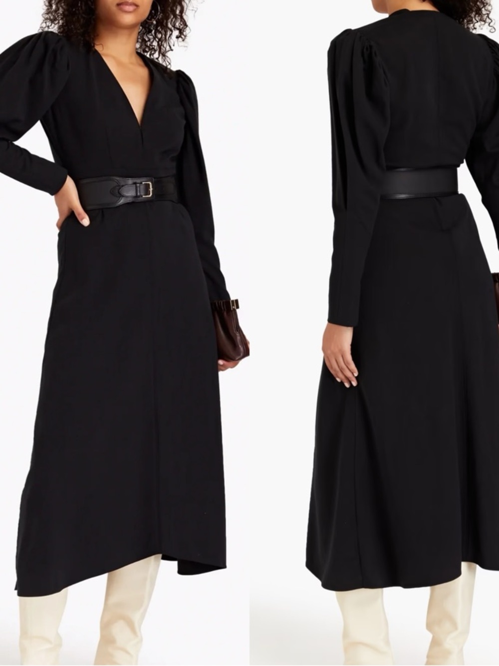 NWT ISABEL MARANT Silabi A-Line V-Neck Long Sleeve Flared Crepe Midi Black Dress - Picture 2 of 12